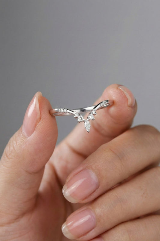 Marquise & Round Moissanite V-Shape Stacking Wedding Band