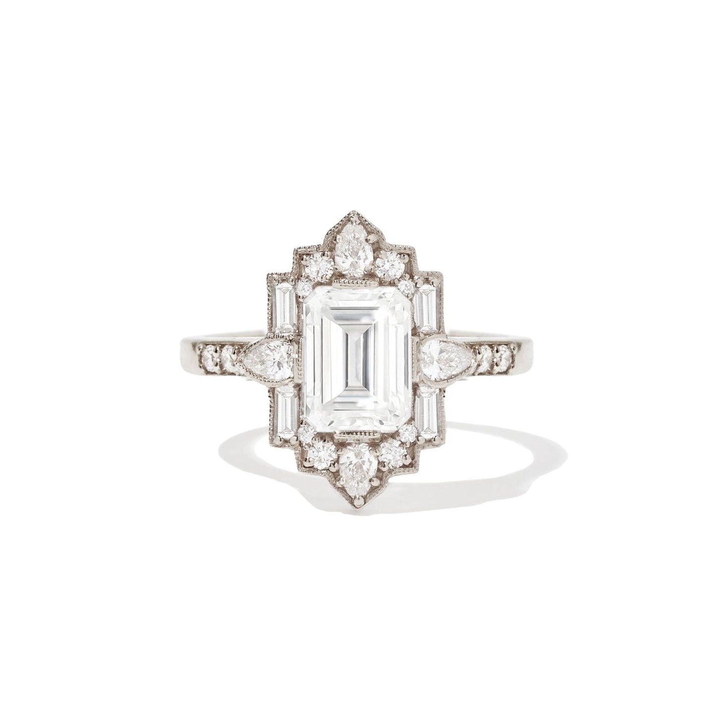 1.5 CT Emerald Cut Moissanite Art Deco Mosaic Engagement Ring