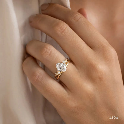 1.3 CT - 2.5 CT Oval Cut Cluster With Chevron Style Band Moissanite Engagement Ring