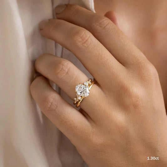 1.3 CT - 2.5 CT Oval Cut Cluster With Chevron Style Band Moissanite Engagement Ring