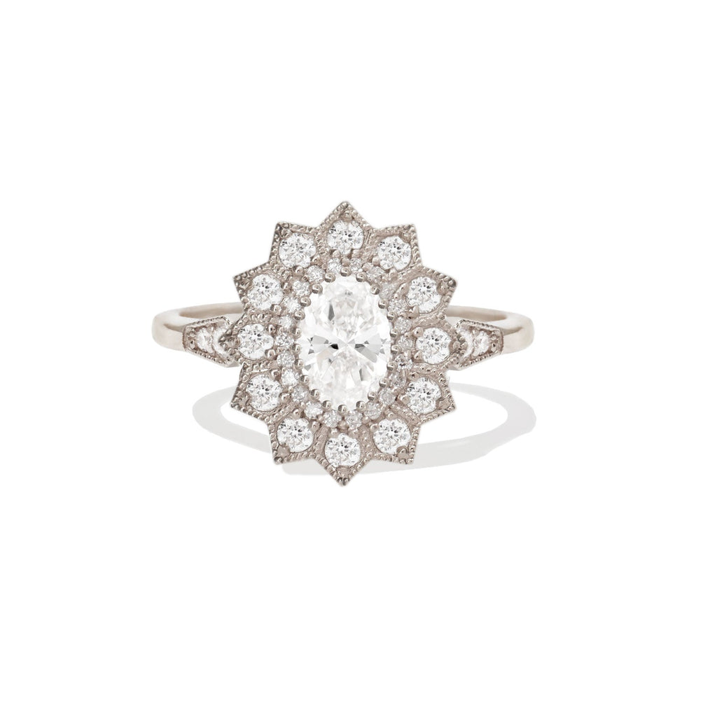 0.74 CT Oval Cut Moissanite Sunflower Style Mosaic Engagement Ring
