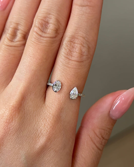 0.77 TCW Pear & Oval CVD Diamond Bezel with Open Cuff Wedding Band