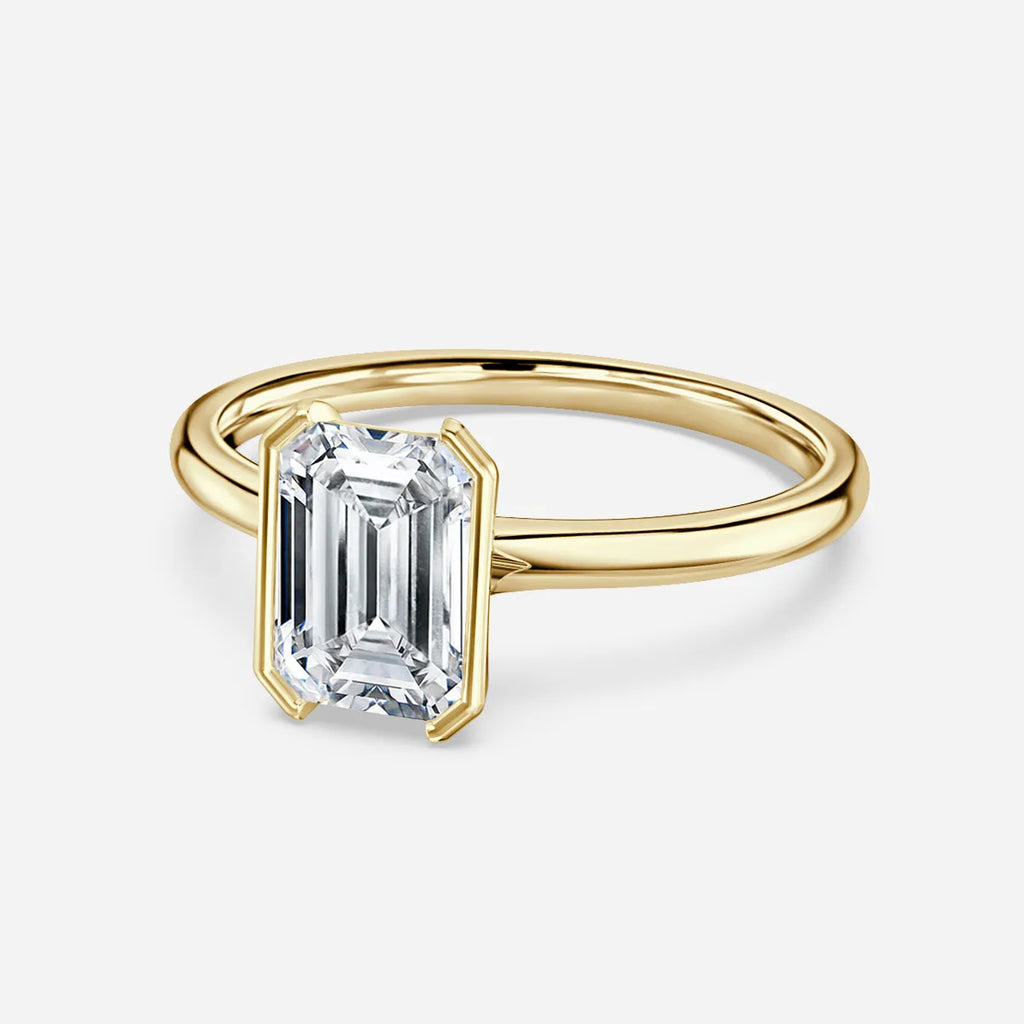 1.2 CT - 1.5 CT Emerald Cut Half Bezel Solitaire Moissanite Engagement Ring