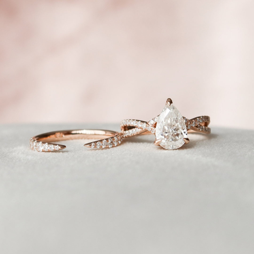 Pear Cut Hidden Halo Moissanite Half Eternity With Split Shank Bridal Set