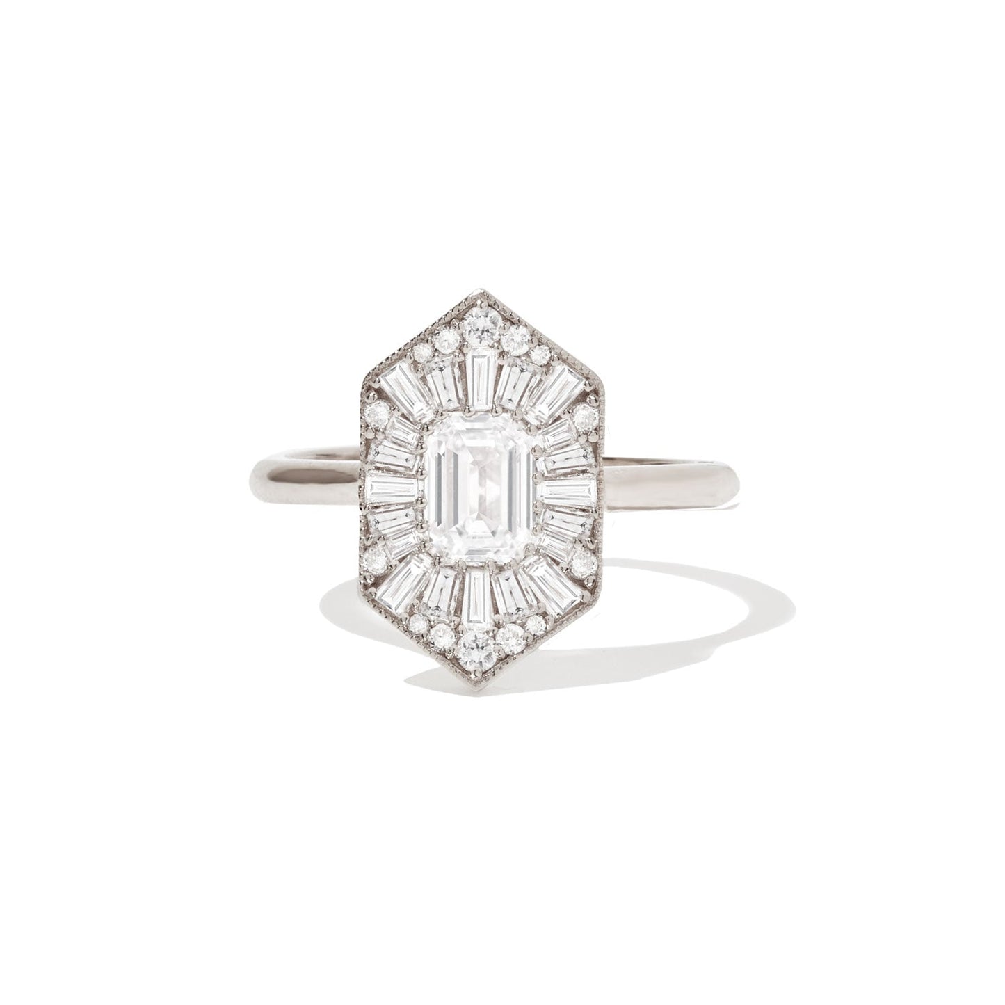 0.56 CT Emerald Cut Moissanite Hexagon Shape Mosaic Engagement Ring