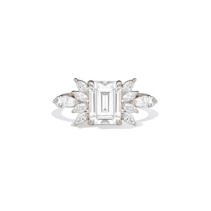 1.5 CT Emerald Cut Moissanite Peacock Style Mosaic Engagement Ring