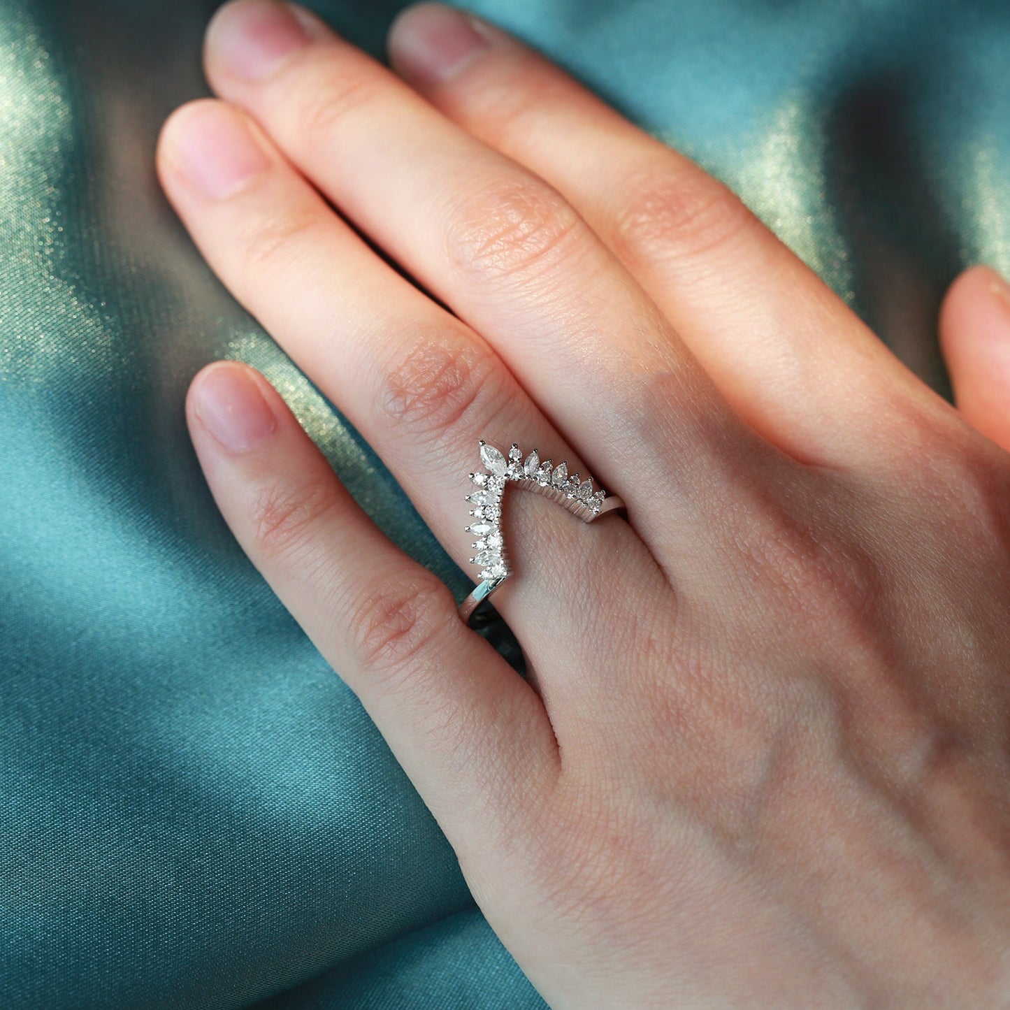 0.15 TCW Marquise & Round Moissanite Cluster Curved Wedding Band