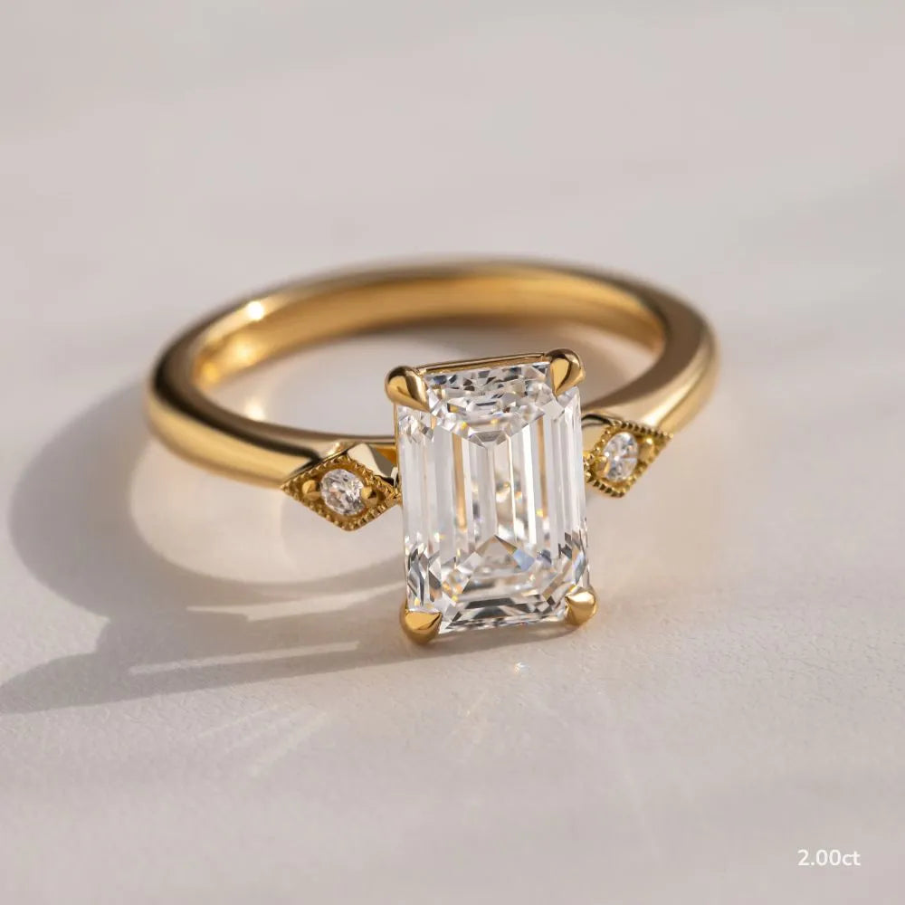 2 CT - 3 CT Emerald Cut Three Stone Milgrain Set Moissanite Engagement Ring