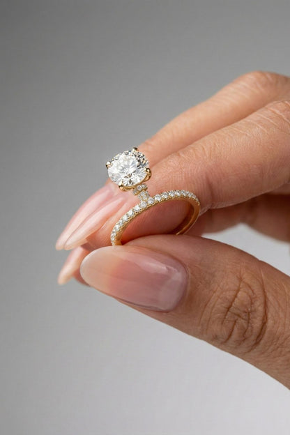 Round Cut Hidden Halo & Dainty Pave Moissanite Engagement Ring