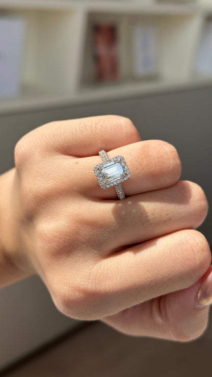 2 CT Emerald Cut Lab grown Diamond Glitter Pave with Halo Engagement Ring
