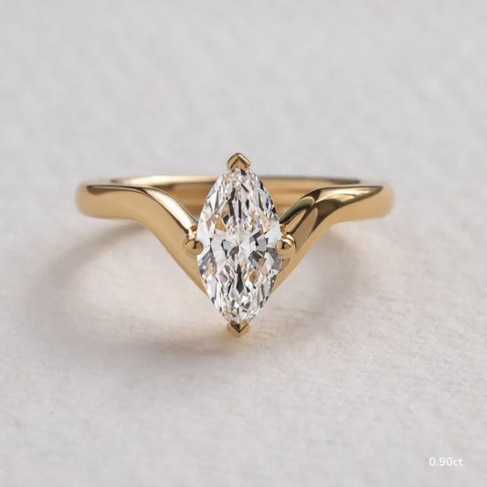 0.9 CT - 1.9 CT Marquise Cut V-shaped Band Solitaire Moissanite Engagement Ring