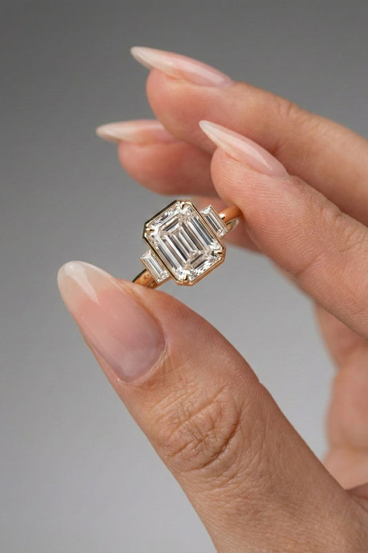 Emerald Cut Lab grown Diamond Three Stone Engagement Ring