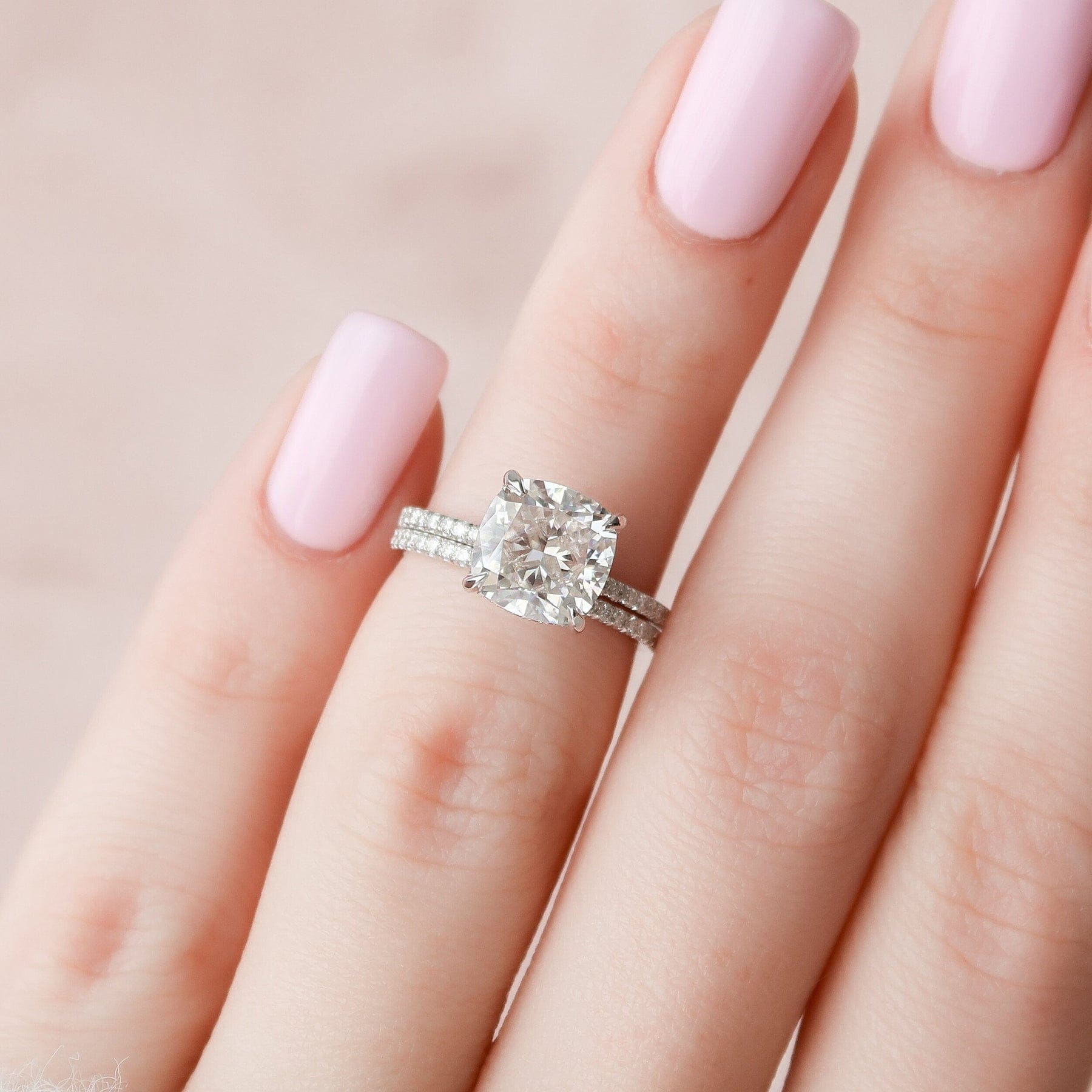 2.0 CT Cushion Cut Hidden Halo Moissanite Eternity Bridal Set