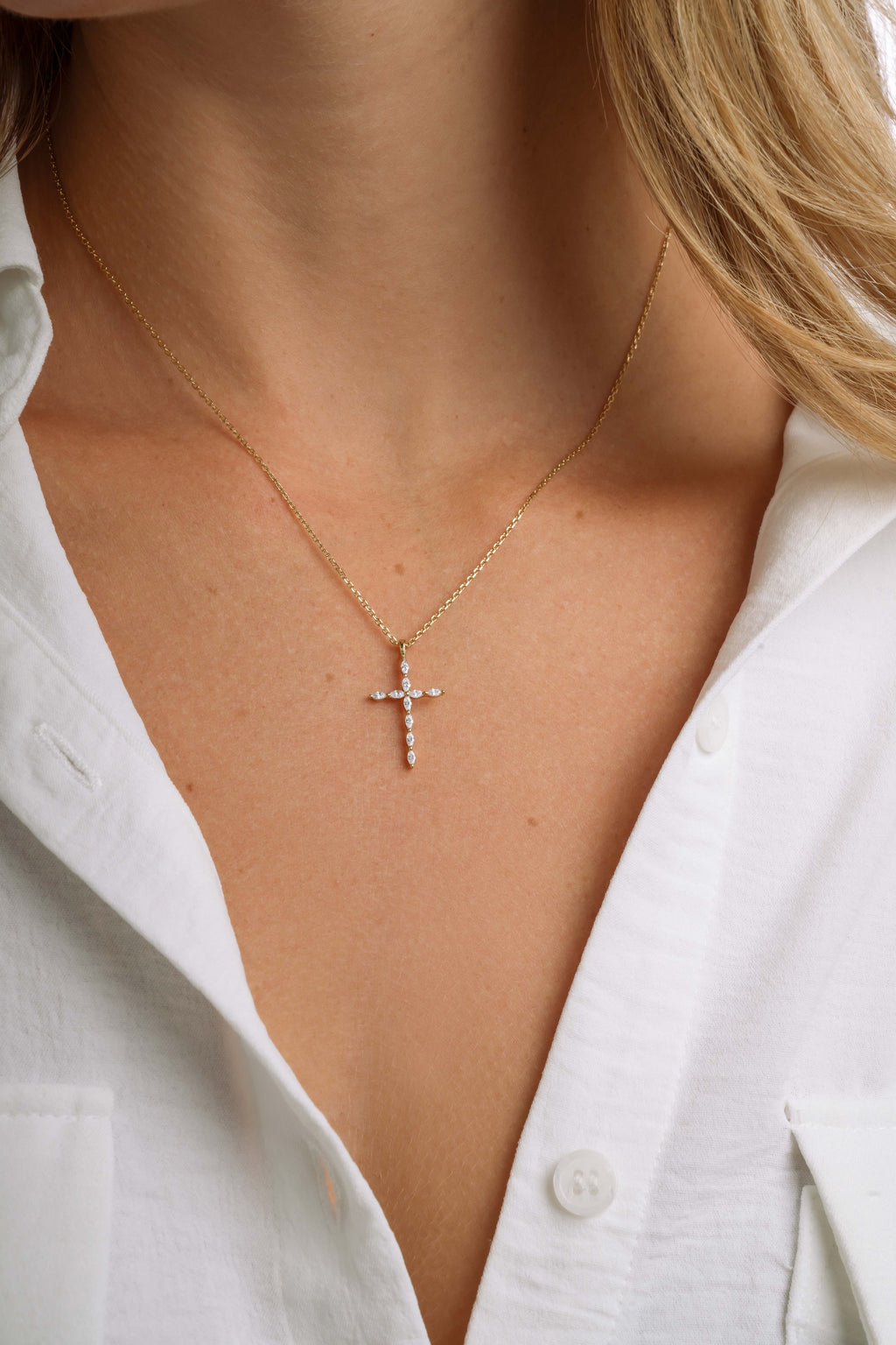 0.3 TCW Marquise Moissanite Diamond Cross Pendant Necklace