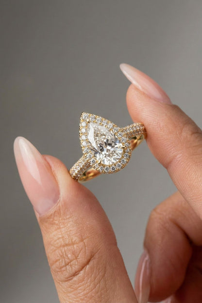 Pear Cut Halo Pave Set Moissanite Engagement Ring