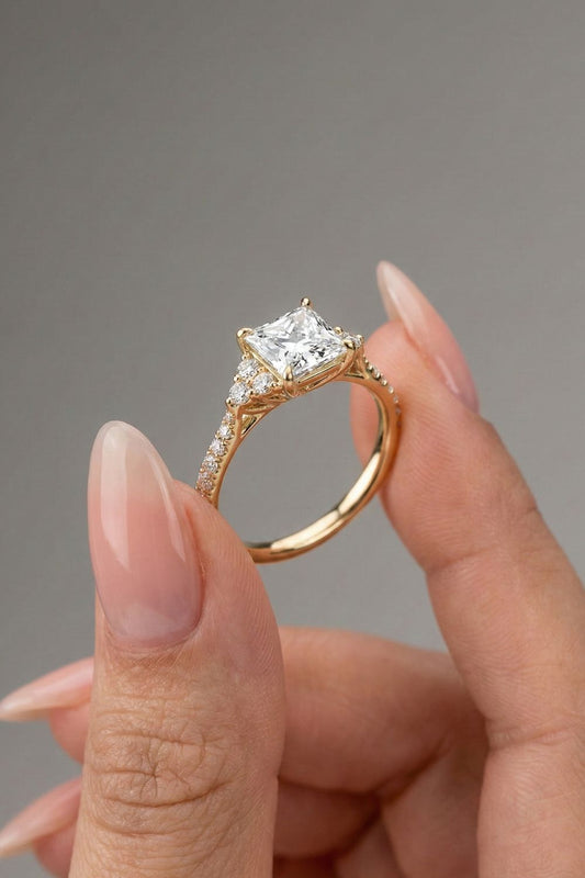 Princess Cut Cluster Pave Setting Moissanite Engagement Ring