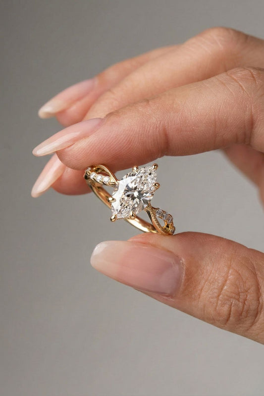 Marquise Cut Hidden Halo & Twisted Cluster Set Moissanite Engagement Ring