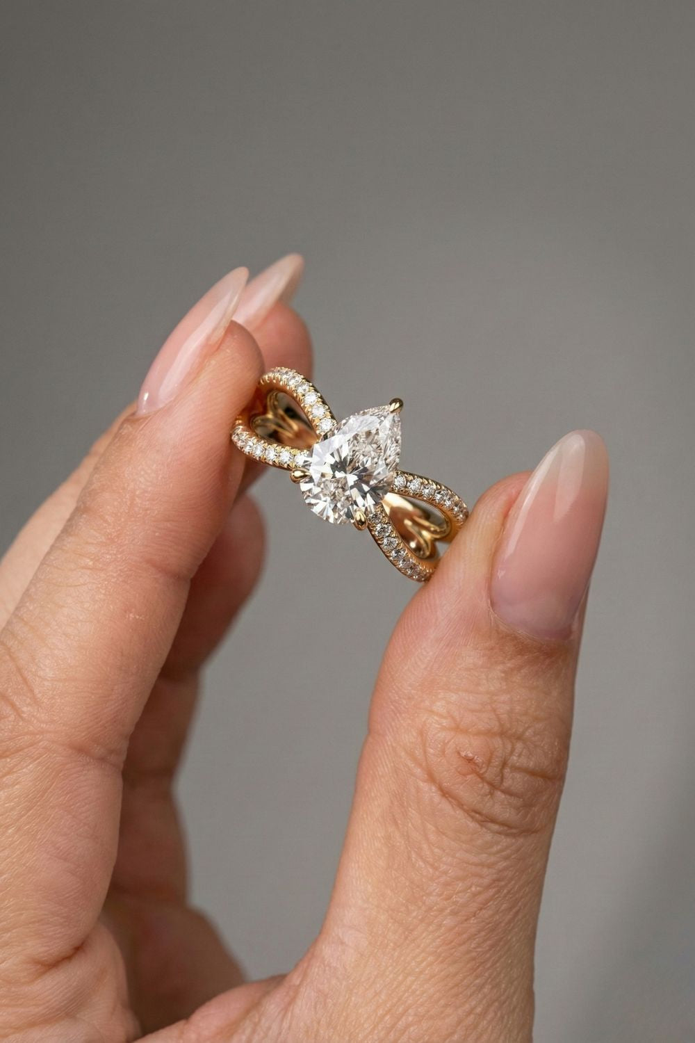 Pear Cut Criss-Cross Pave Moissanite Engagement Ring