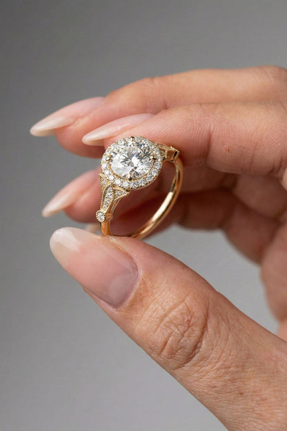 Round Cut Halo Art Deco Style Moissanite Engagement Ring