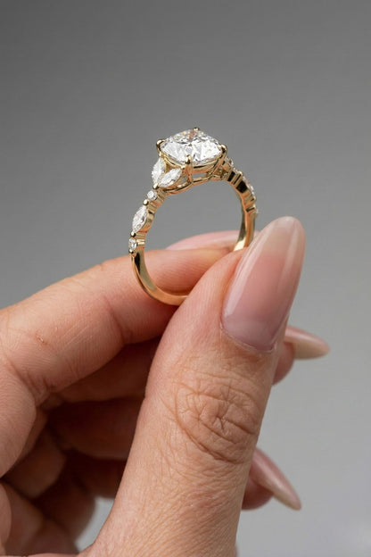 Elongated Cushion Cut Cluster Moissanite Engagement Ring