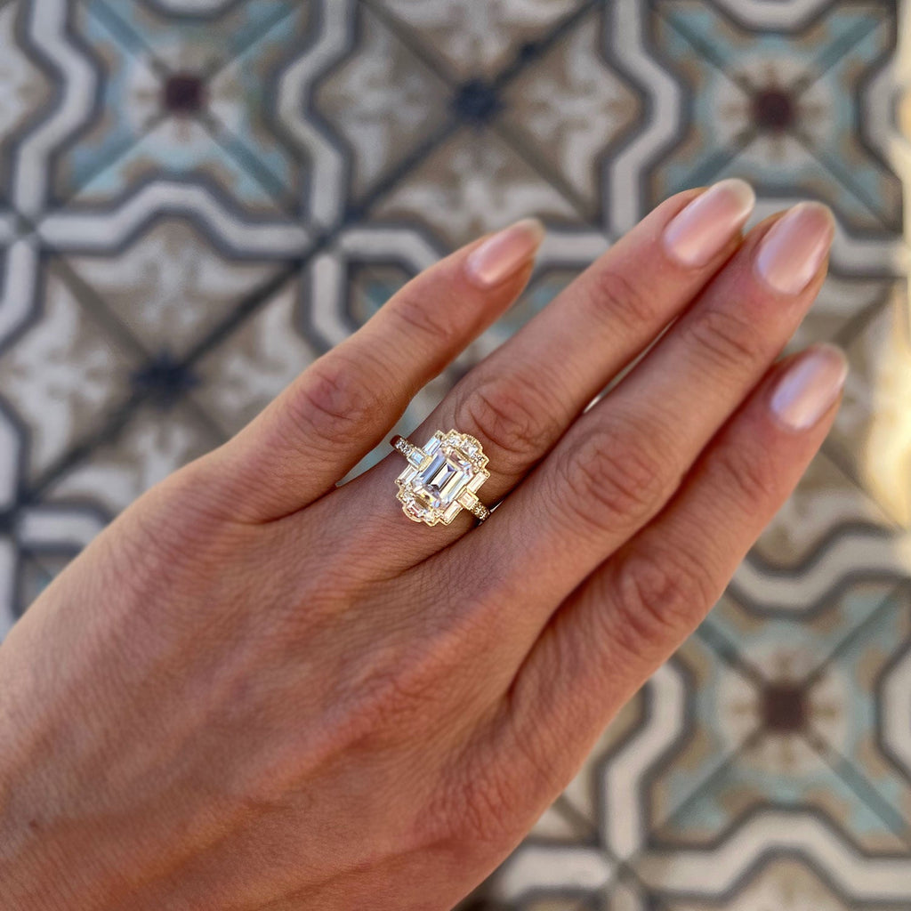 1.5 CT Emerald Cut Moissanite Art Deco Mosaic Engagement Ring
