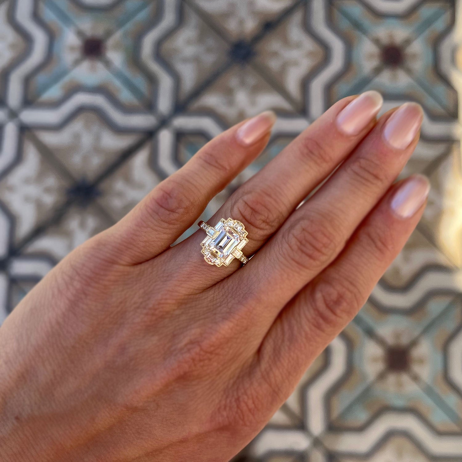 1.5 CT Emerald Cut Moissanite Art Deco Mosaic Engagement Ring