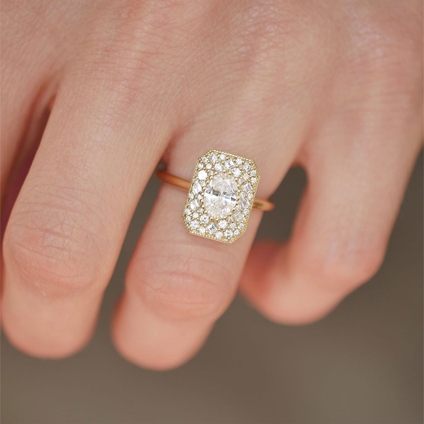 0.74 CT Oval Cut Moissanite Emerald Shape Mosaic Engagement Ring