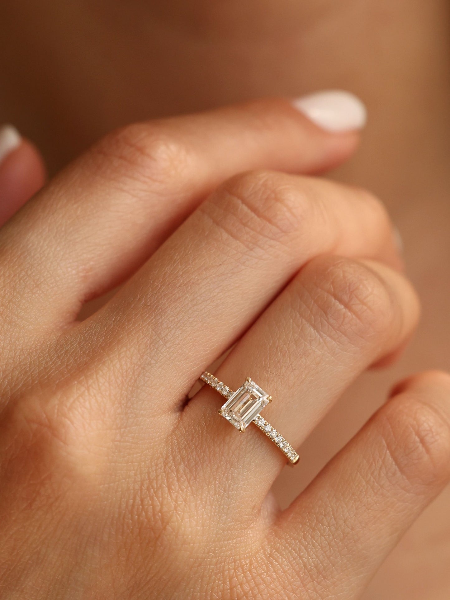 0.9 CT - 2.9 CT Emerald Cut Lab grown Diamond Pave Engagement Ring