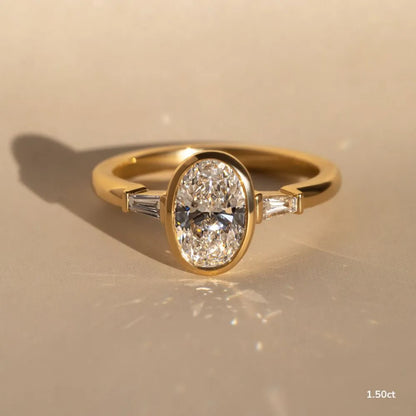 1.5 CT - 2.5 CT Oval Cut Three Stone Bezel Set Moissanite Engagement Ring