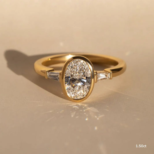 1.5 CT - 2.5 CT Oval Cut Three Stone Bezel Set Moissanite Engagement Ring