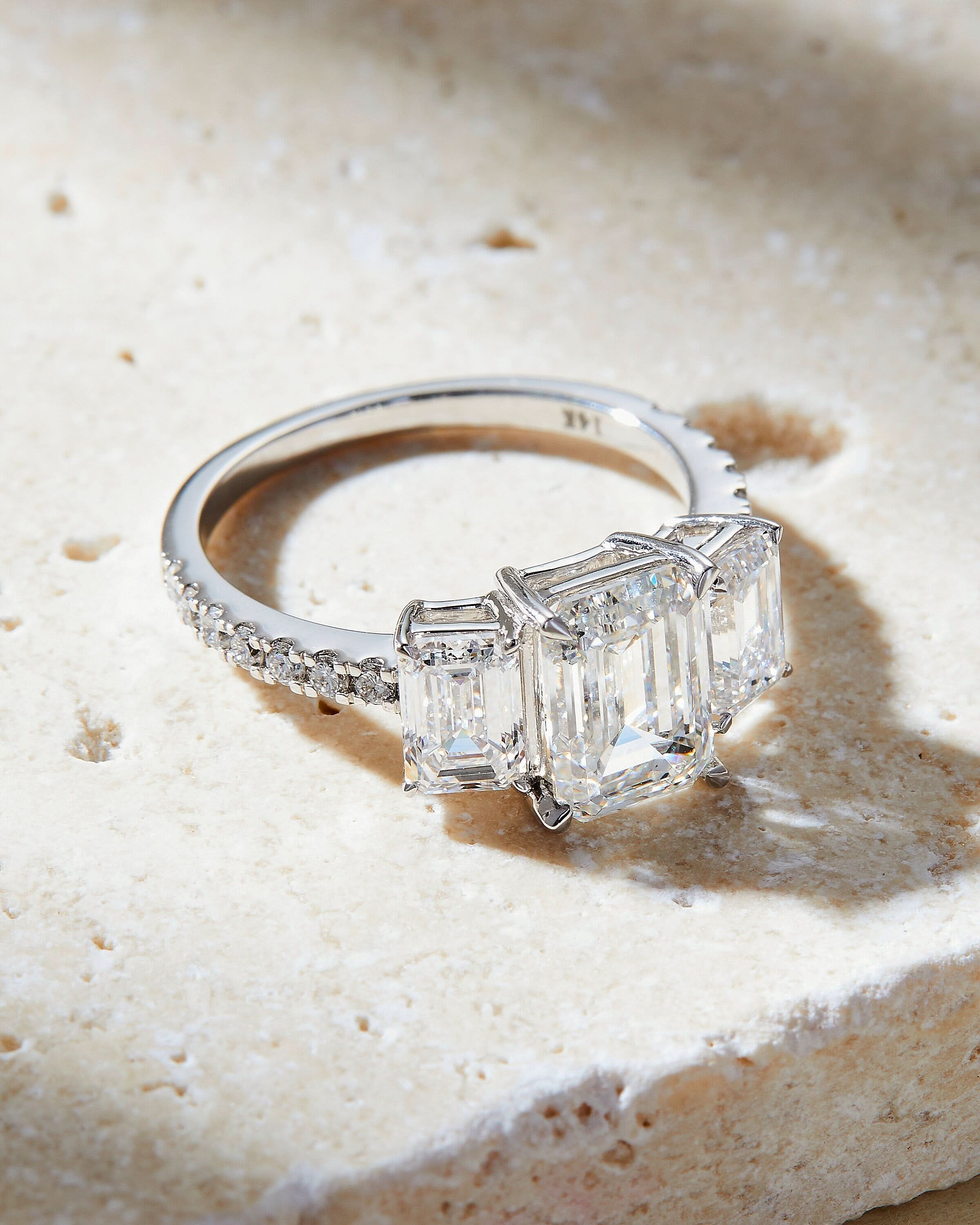 3.5 TCW Emerald Cut Three Stone Pave Moissanite Engagement Ring