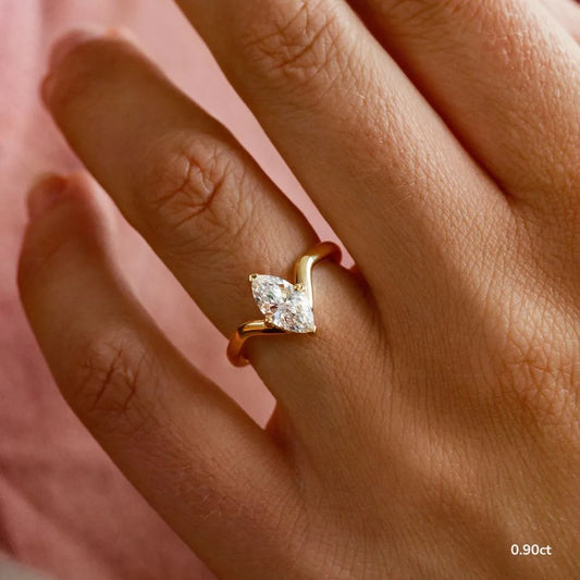 0.9 CT - 1.9 CT Marquise Cut V-shaped Band Solitaire Moissanite Engagement Ring