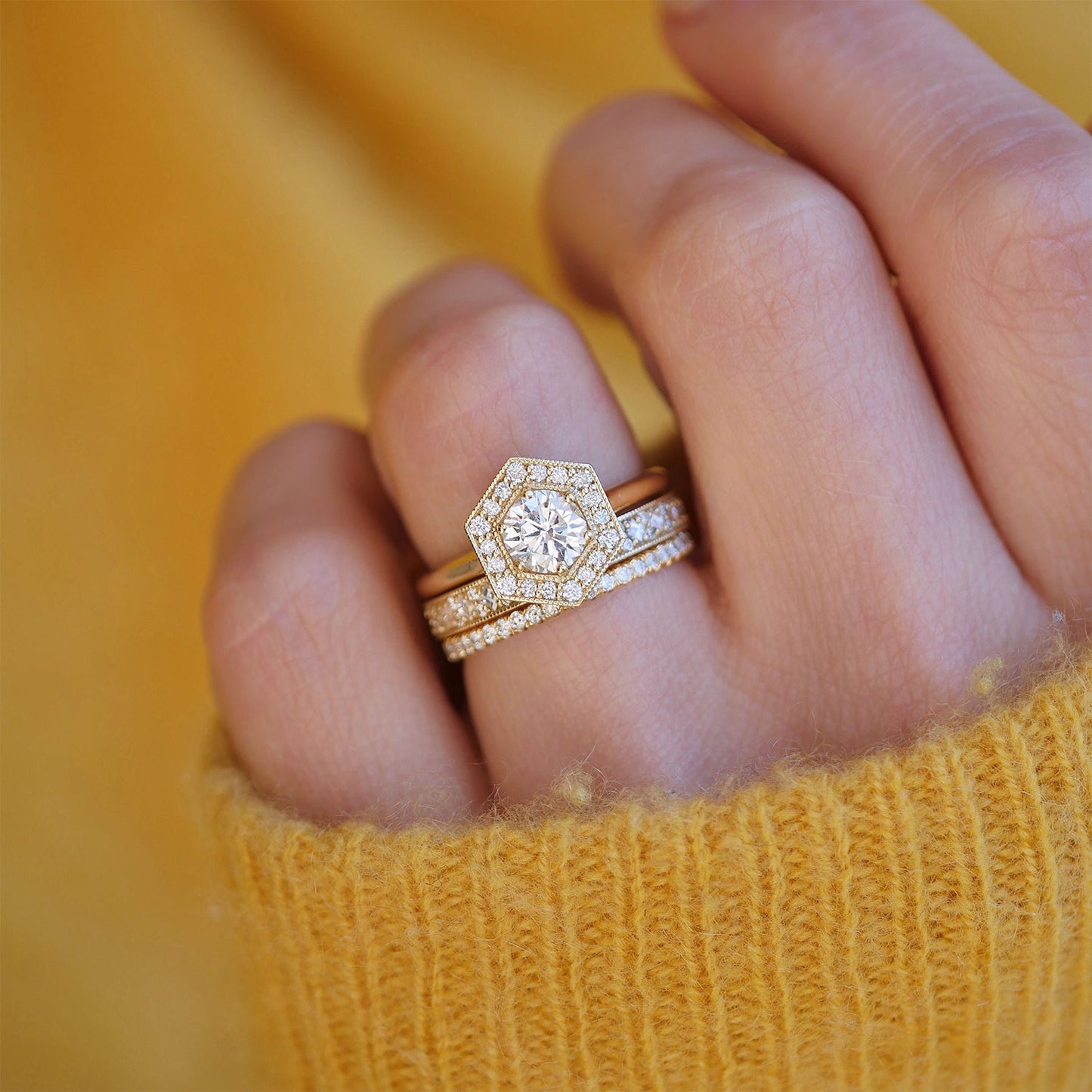 0.73 CT Round Cut Moissanite Hexagon Shape Halo Mosaic Engagement Ring