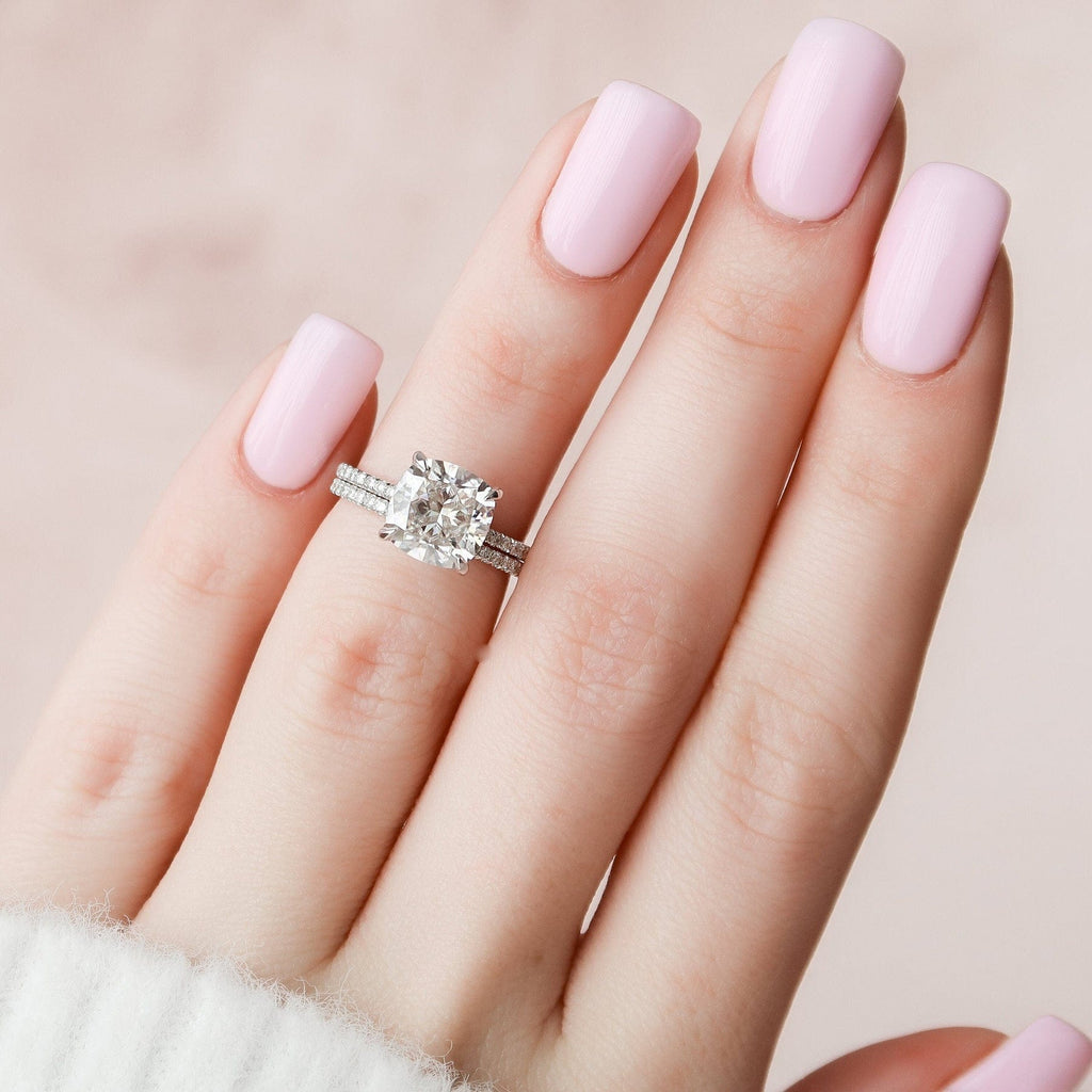 2.0 CT Cushion Cut Hidden Halo Moissanite Eternity Bridal Set