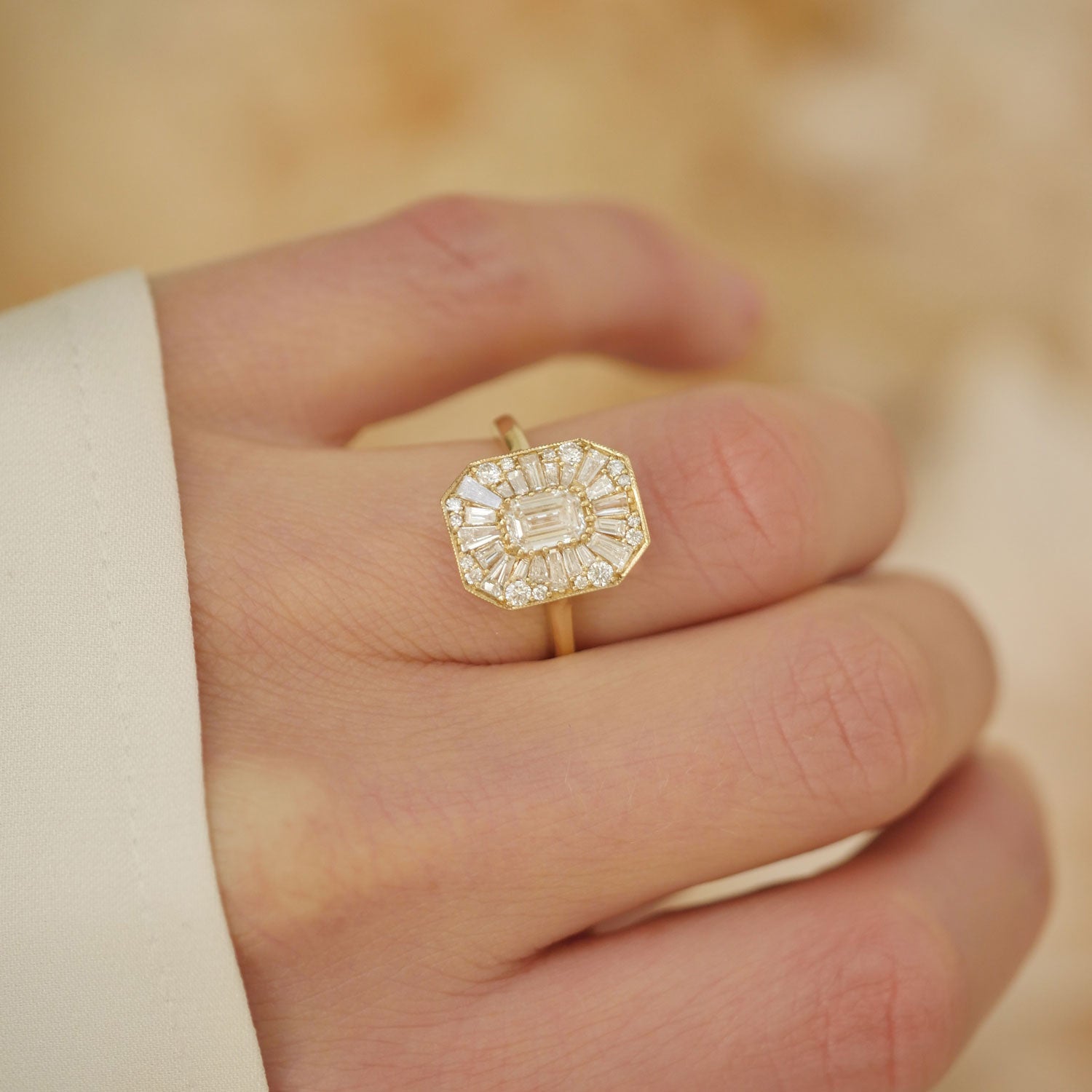 0.56 CT Emerald Cut Moissanite Emerald Shape Mosaic Engagement Ring