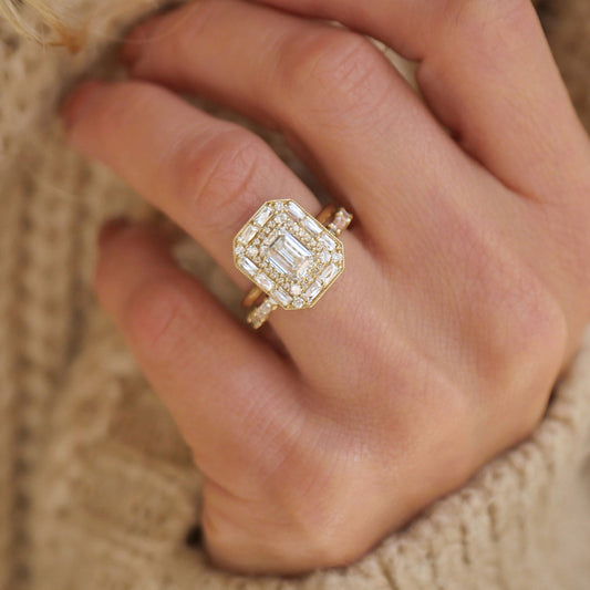 1.5 CT Emerald Cut Moissanite Emerald Shape Halo Style Mosaic Engagement Ring