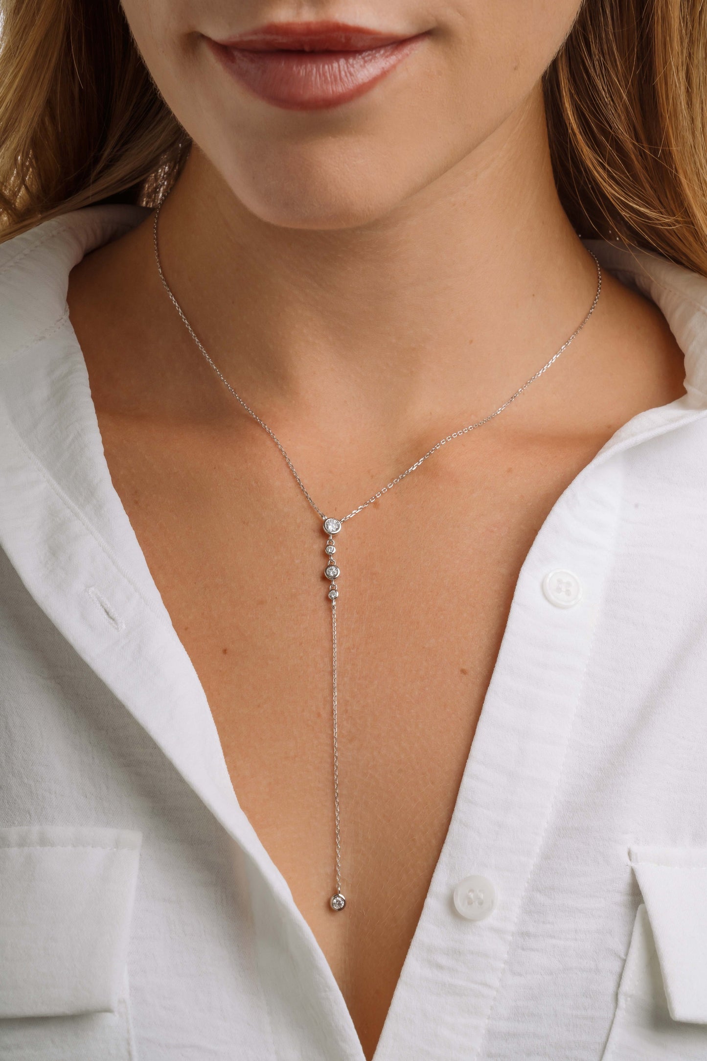 0.3 CT Round Moissanite Diamond Bezel Lariat Necklace