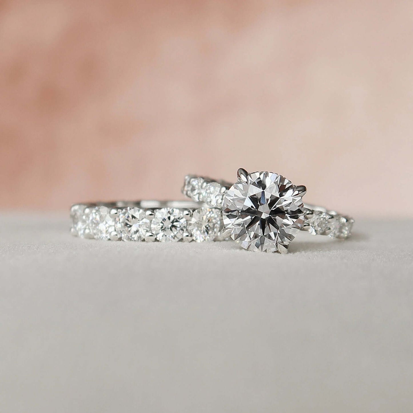 Round Cut Hidden Halo Moissanite Eternity Bridal Set