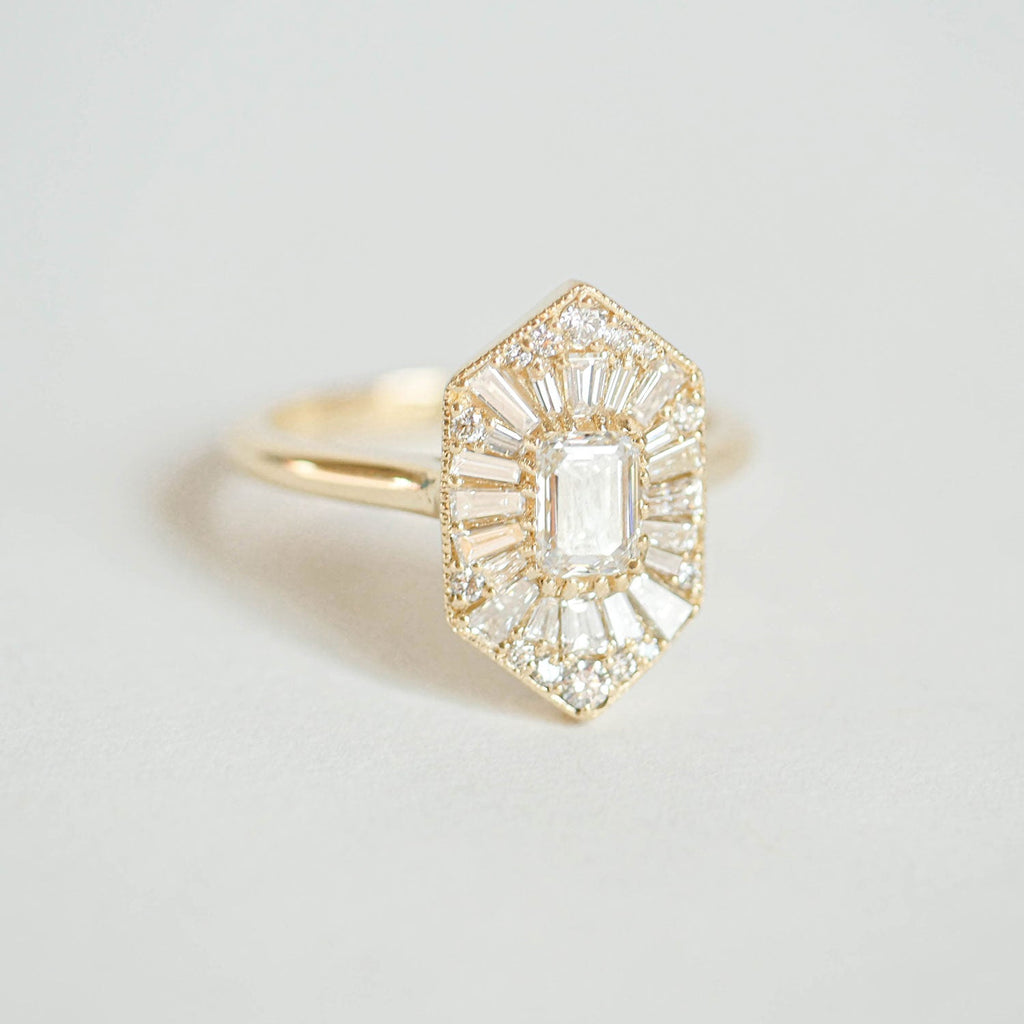 0.56 CT Emerald Cut Moissanite Hexagon Shape Mosaic Engagement Ring