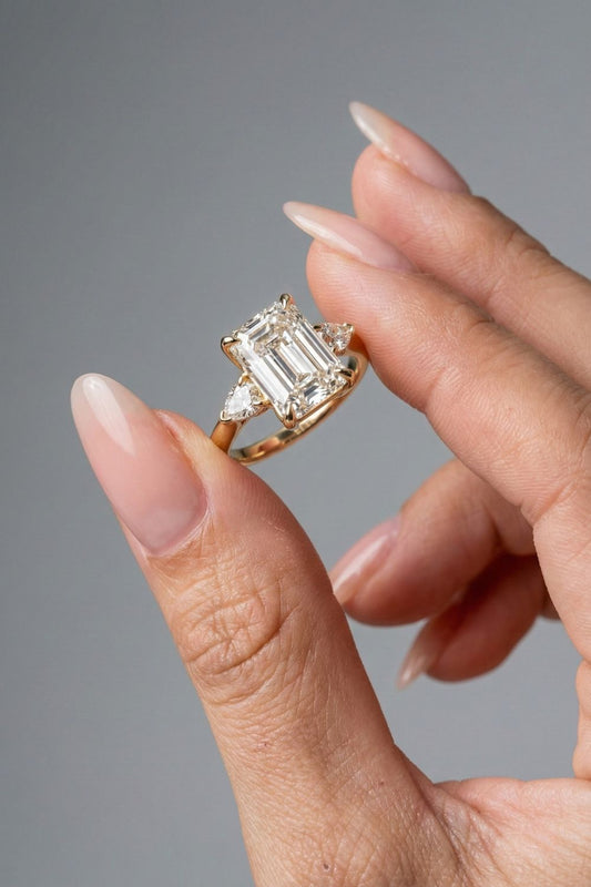 Emerald Cut Lab grown Diamond Three Stone Engagement Ring