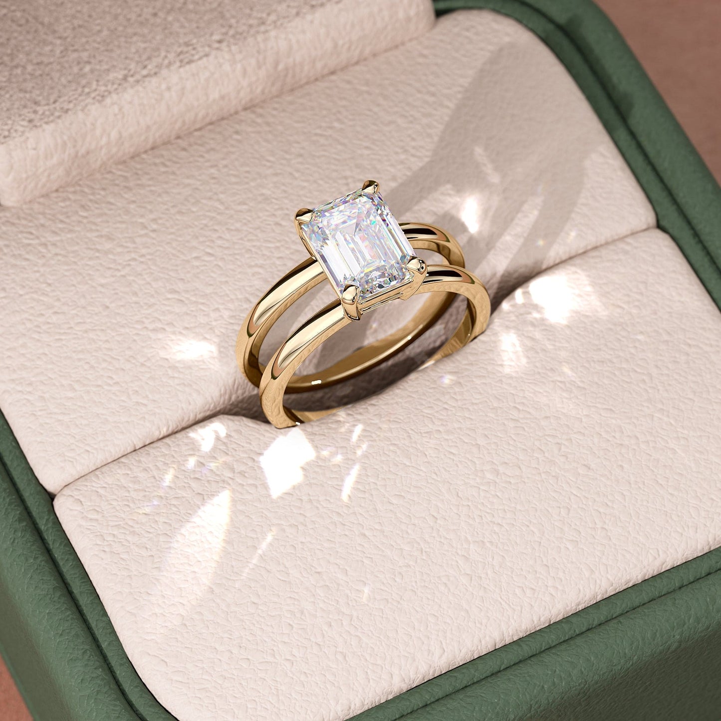 2 CT Emerald Cut Double Band Solitaire Moissanite Engagement Ring