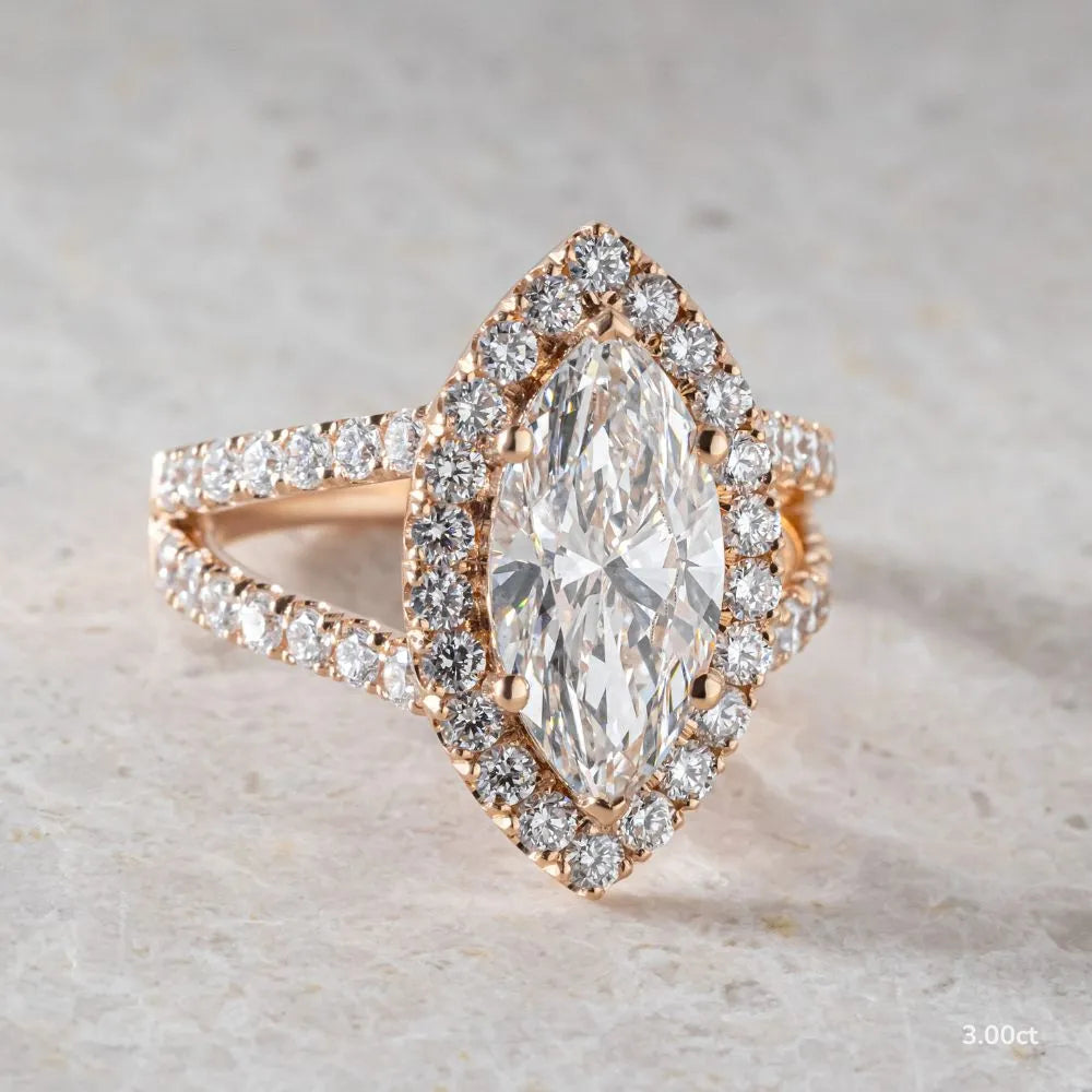 3 CT Marquise Cut Split Shank Halo Pave Moissanite Engagement Ring