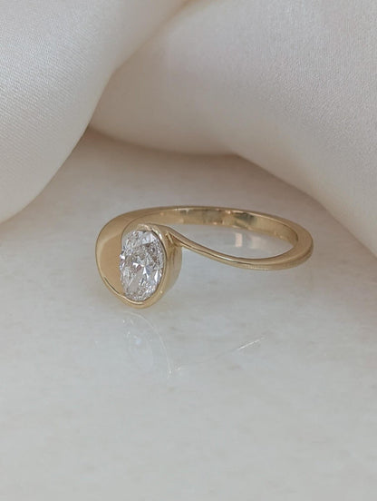 0.7 CT Oval Cut Half Bezel Unique Solitaire Moissanite Engagement Ring