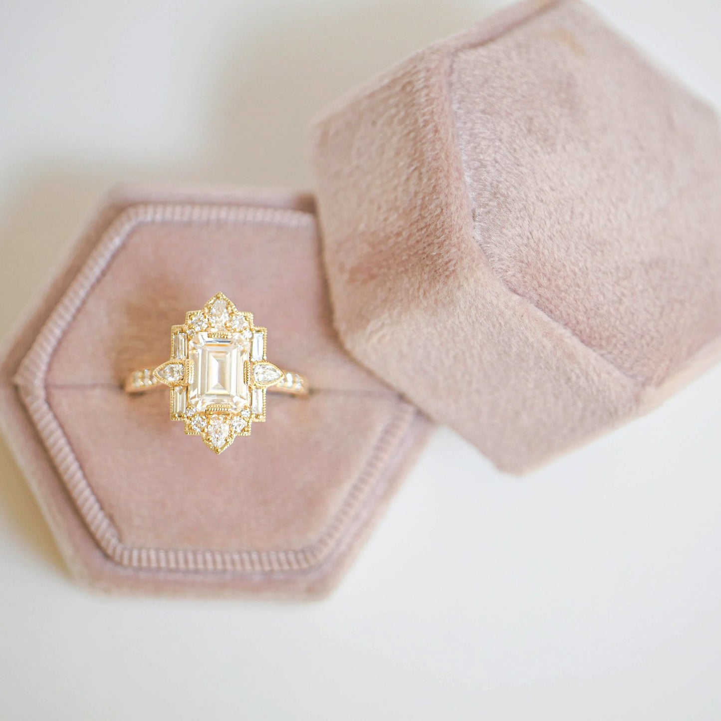 1.5 CT Emerald Cut Moissanite Art Deco Mosaic Engagement Ring