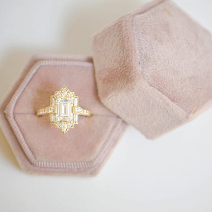 1.5 CT Emerald Cut Moissanite Art Deco Mosaic Engagement Ring