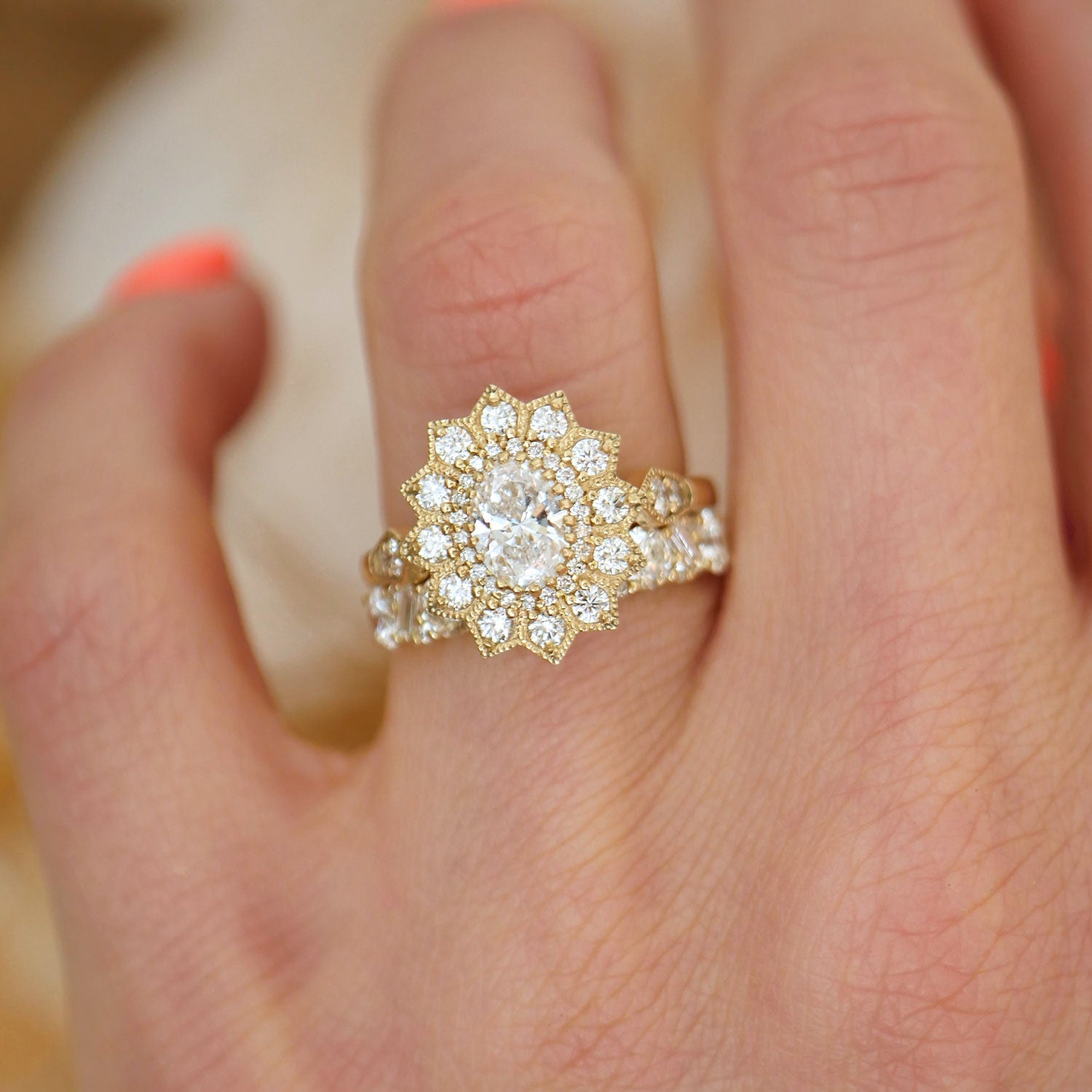 0.74 CT Oval Cut Moissanite Sunflower Style Mosaic Engagement Ring