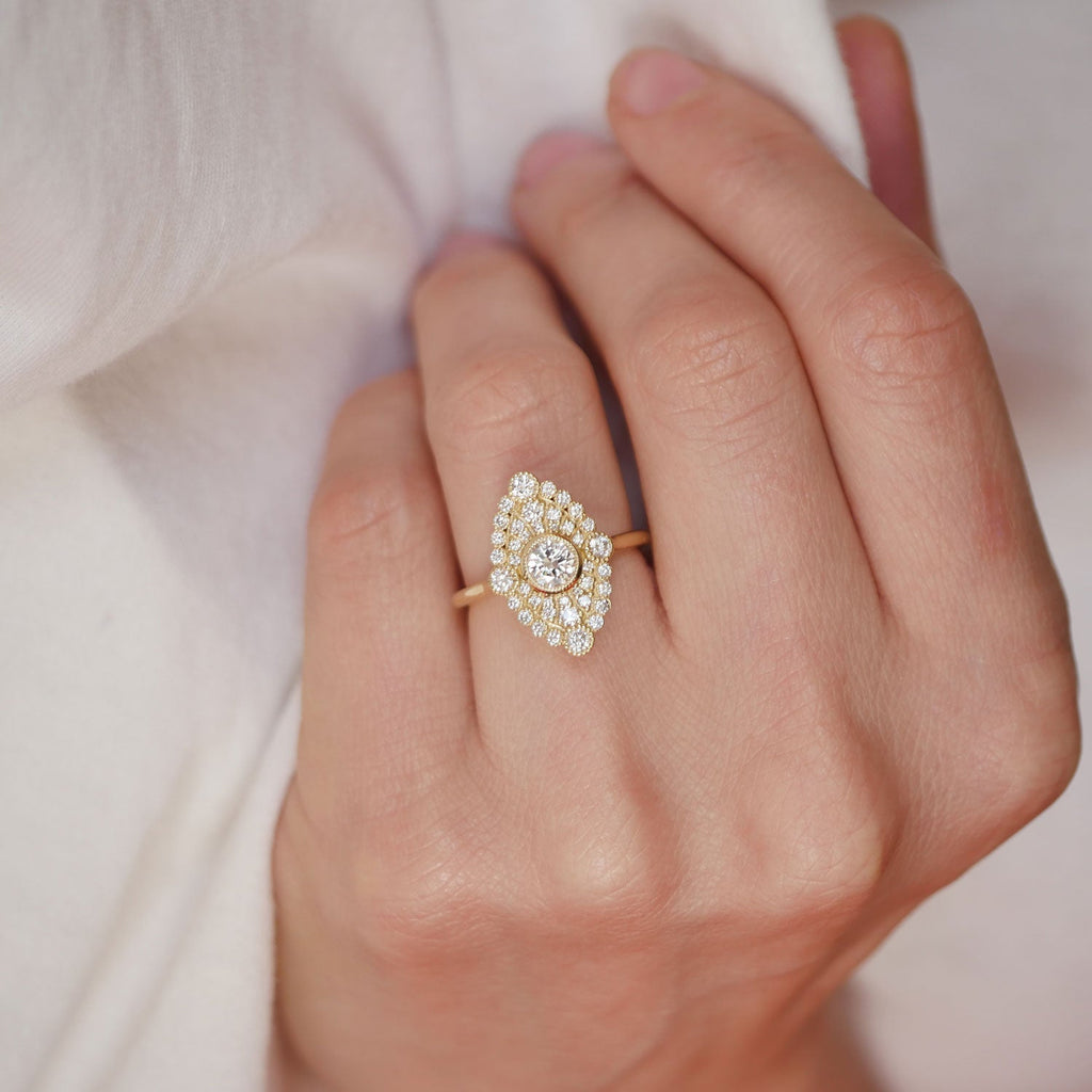 0.41 CT Round Cut Moissanite Marquise Shape Mosaic Engagement Ring