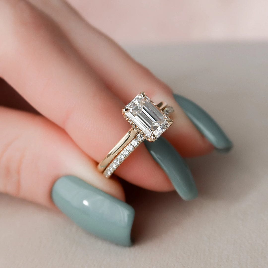 2.0 CT Emerald Cut Hidden Halo Moissanite Solitaire Bridal Set