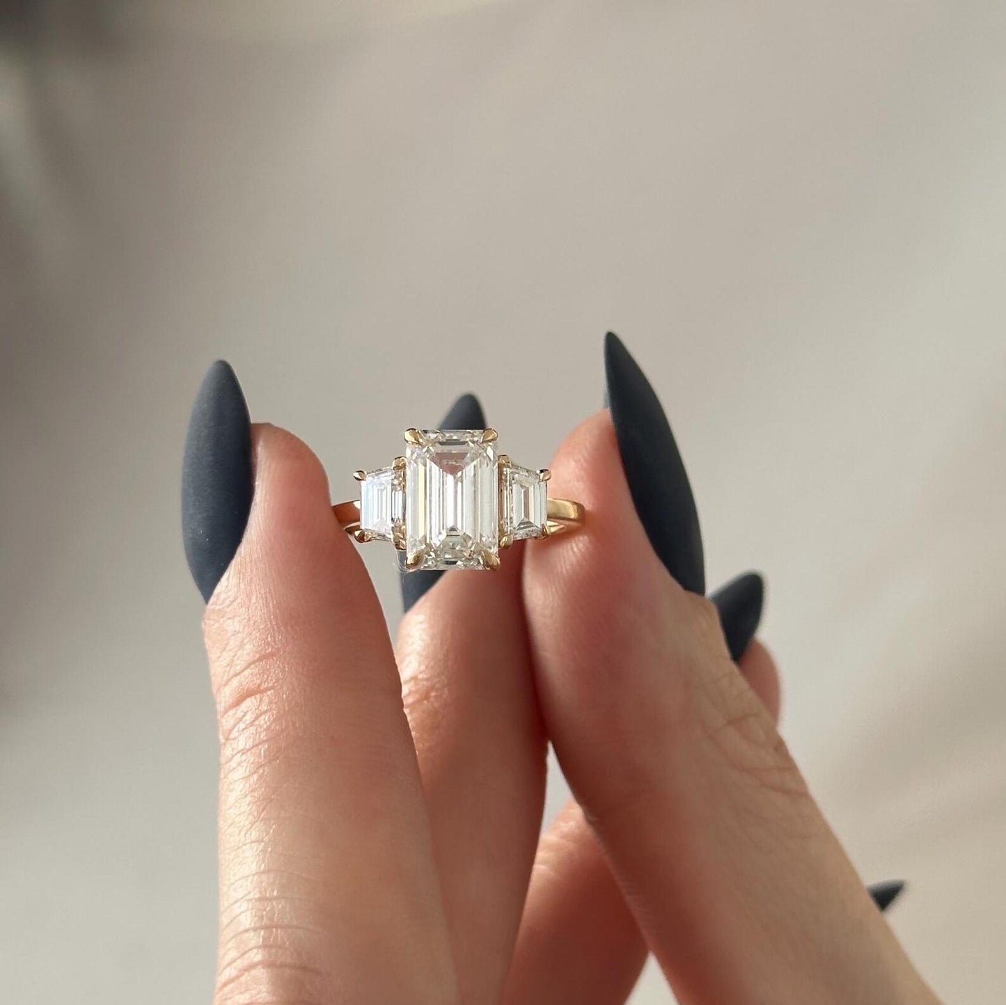 3 CT Emerald Cut Lab grown Diamond Three Stone Engagement Ring