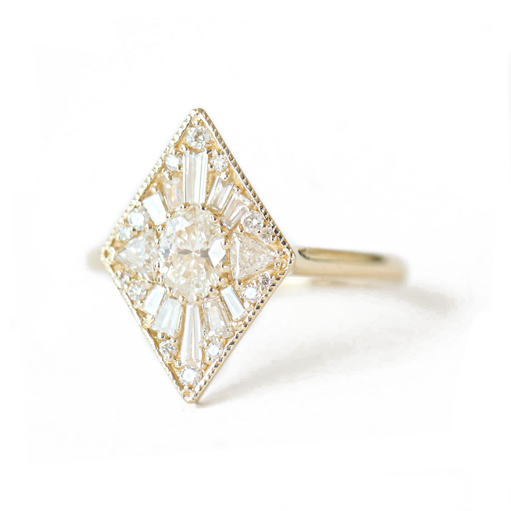 0.36 CT Oval Cut Moissanite Kite Shape Mosaic Engagement Ring